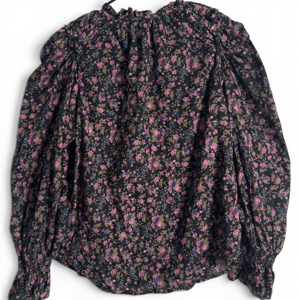Free People‎ Meant To Be Floral Black Pink Women Large Puffy Sleeve Boho Top - Picture 3 of 9